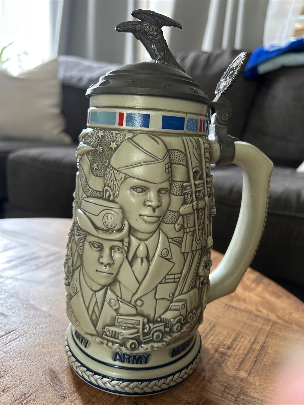 Avon Gray and Blue Ceramic Stein